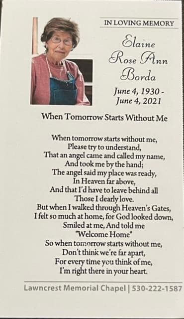 Elaine Borda memorial card